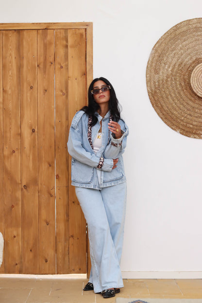 Leopard Accent Denim Jacket-