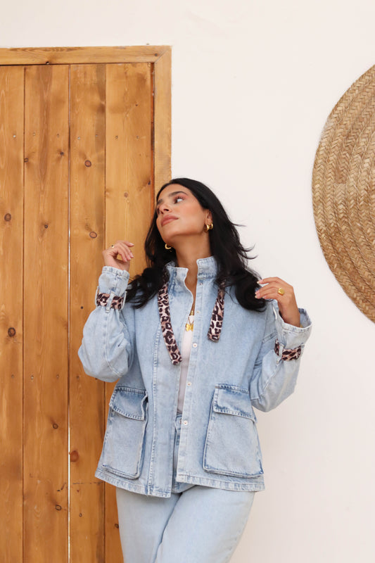 Leopard Accent Denim Jacket-