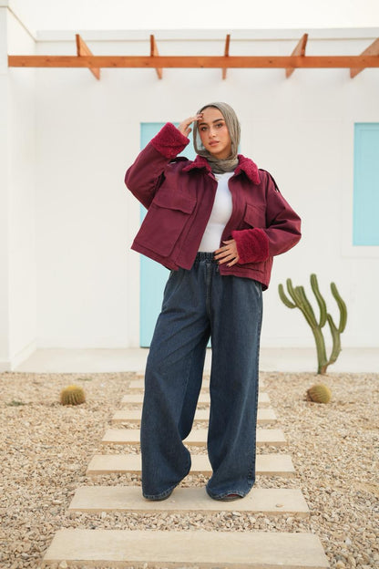 Oversized denim fur jacket - maroon fur maroon