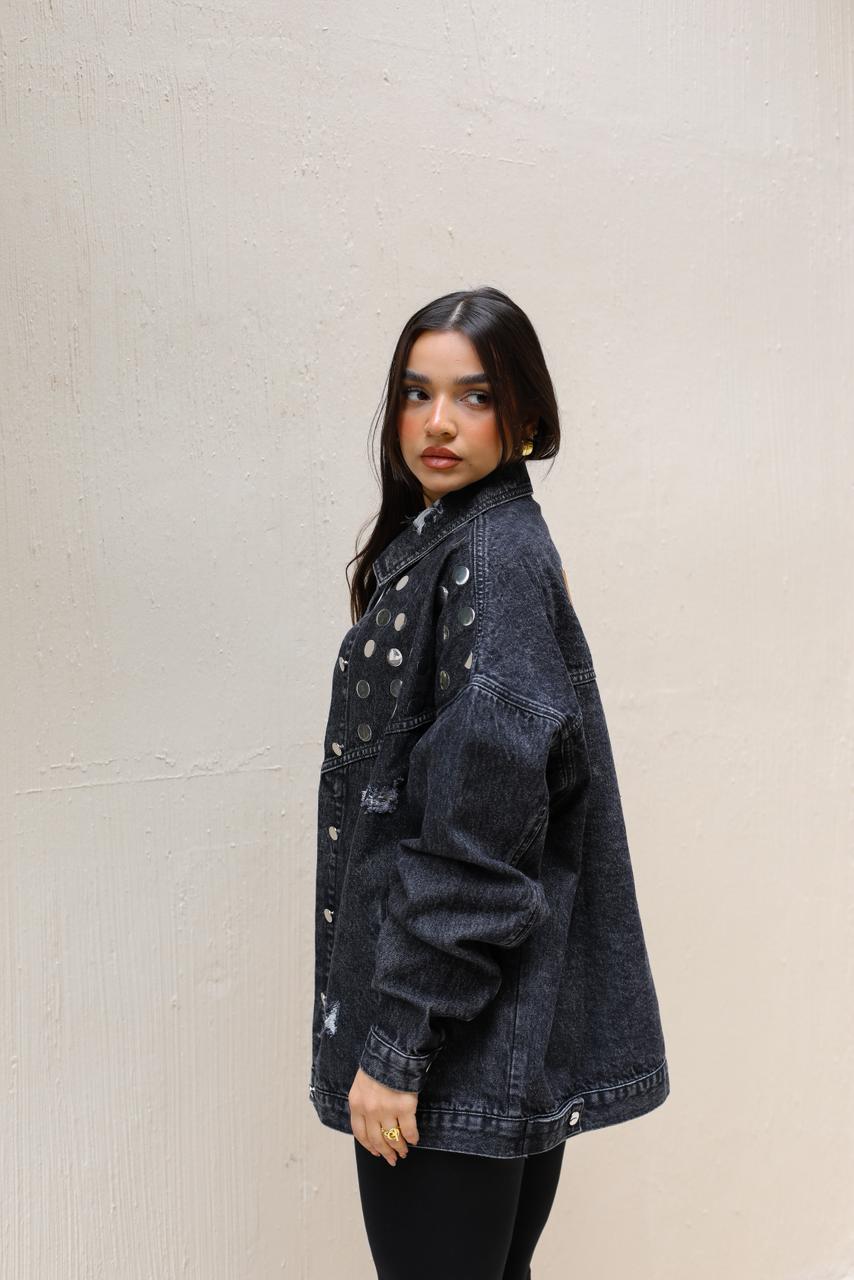 Studs Denim Jacket-Dark Grey