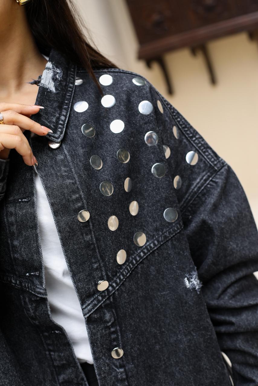 Studs Denim Jacket-Dark Grey