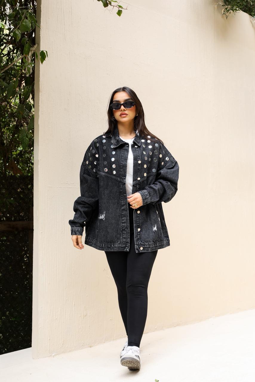 Studs Denim Jacket-Dark Grey