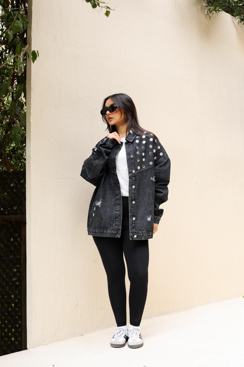 Studs Denim Jacket-Dark Grey