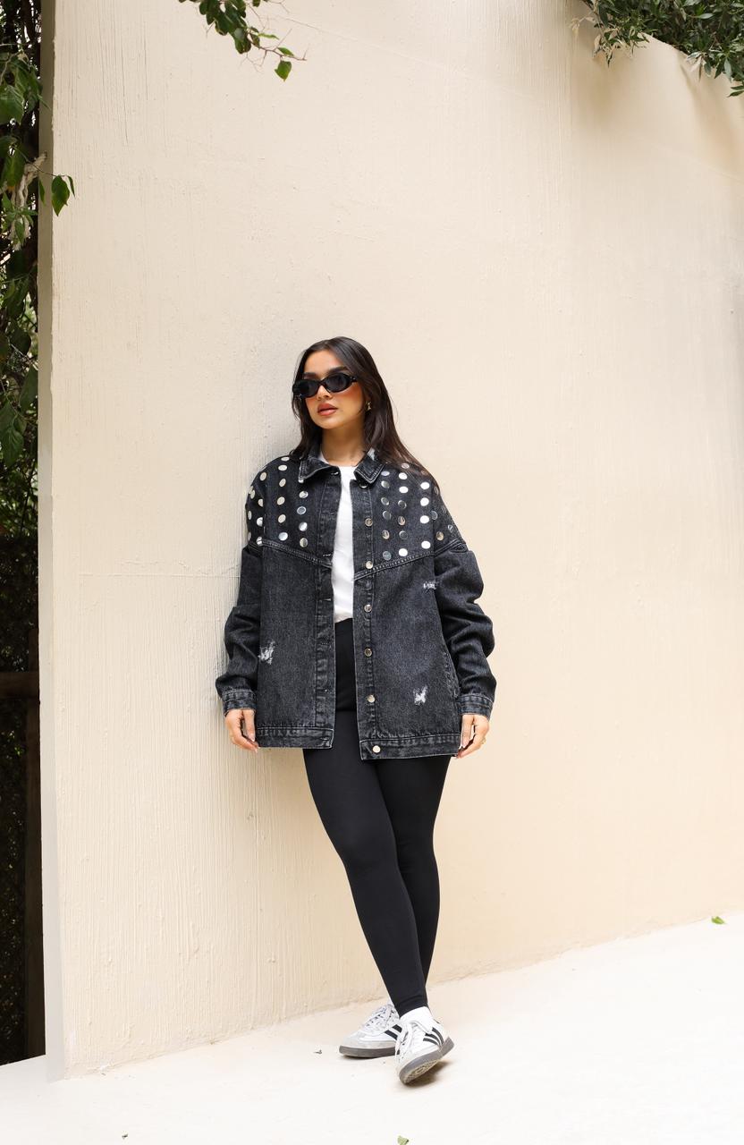 Studs Denim Jacket-Dark Grey