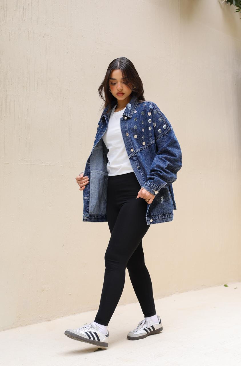 Studs Denim Jacket-Dark Blue