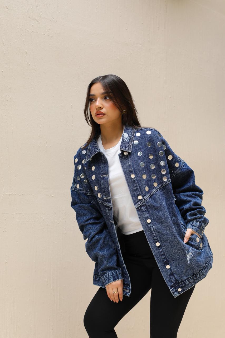 Studs Denim Jacket-Dark Blue