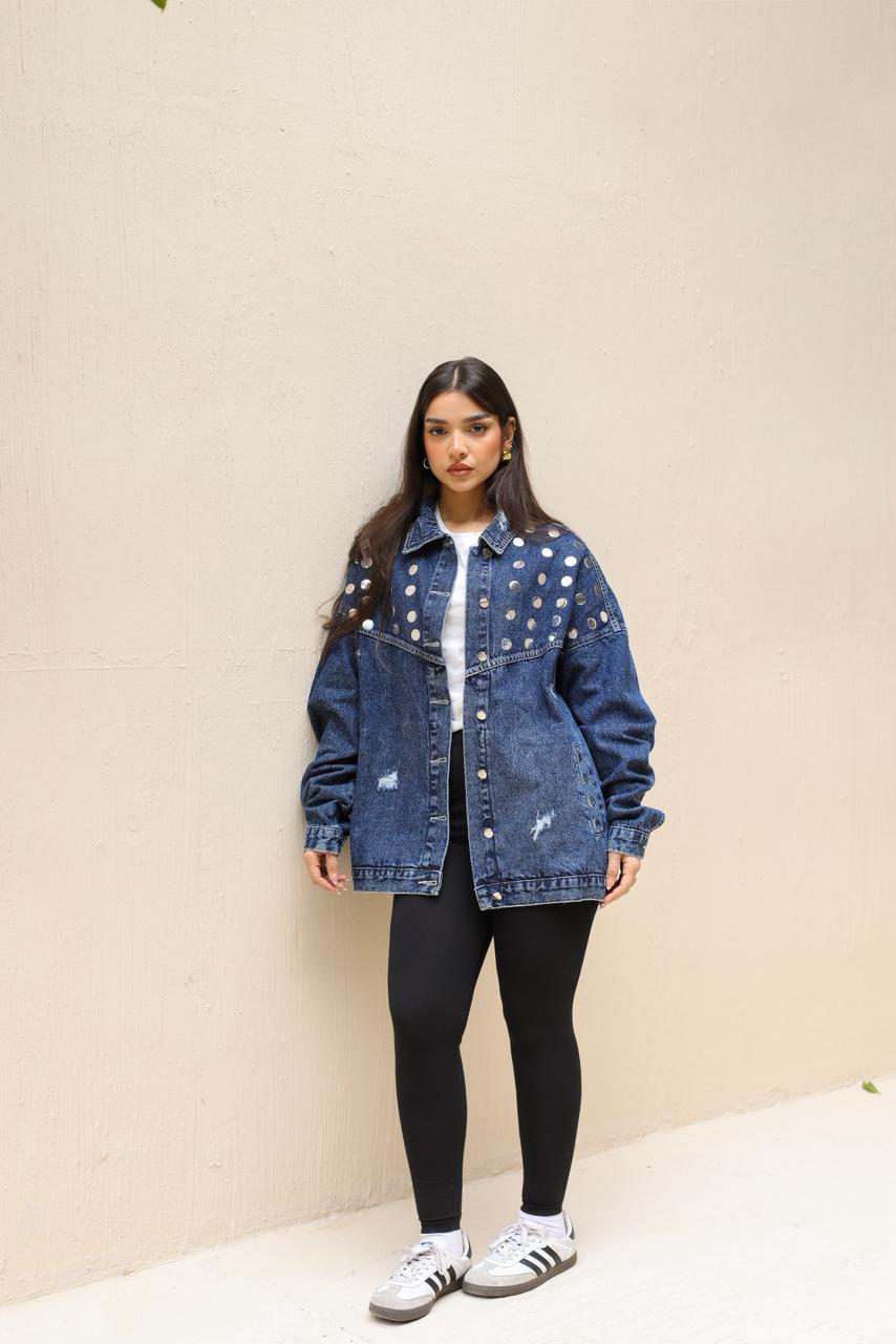 Studs Denim Jacket-Dark Blue