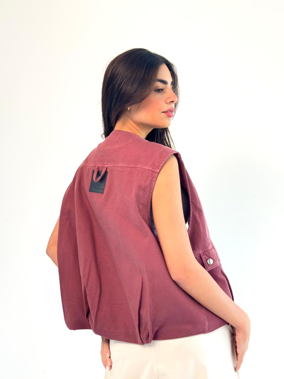 Oversized Cargo Zip Vest – Burgundy