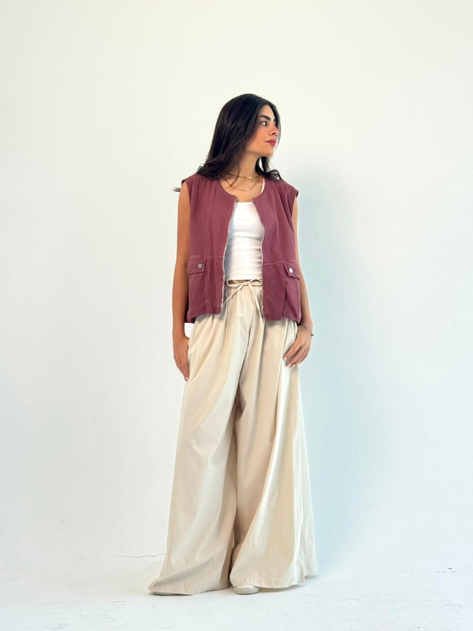 Oversized Cargo Zip Vest – Burgundy