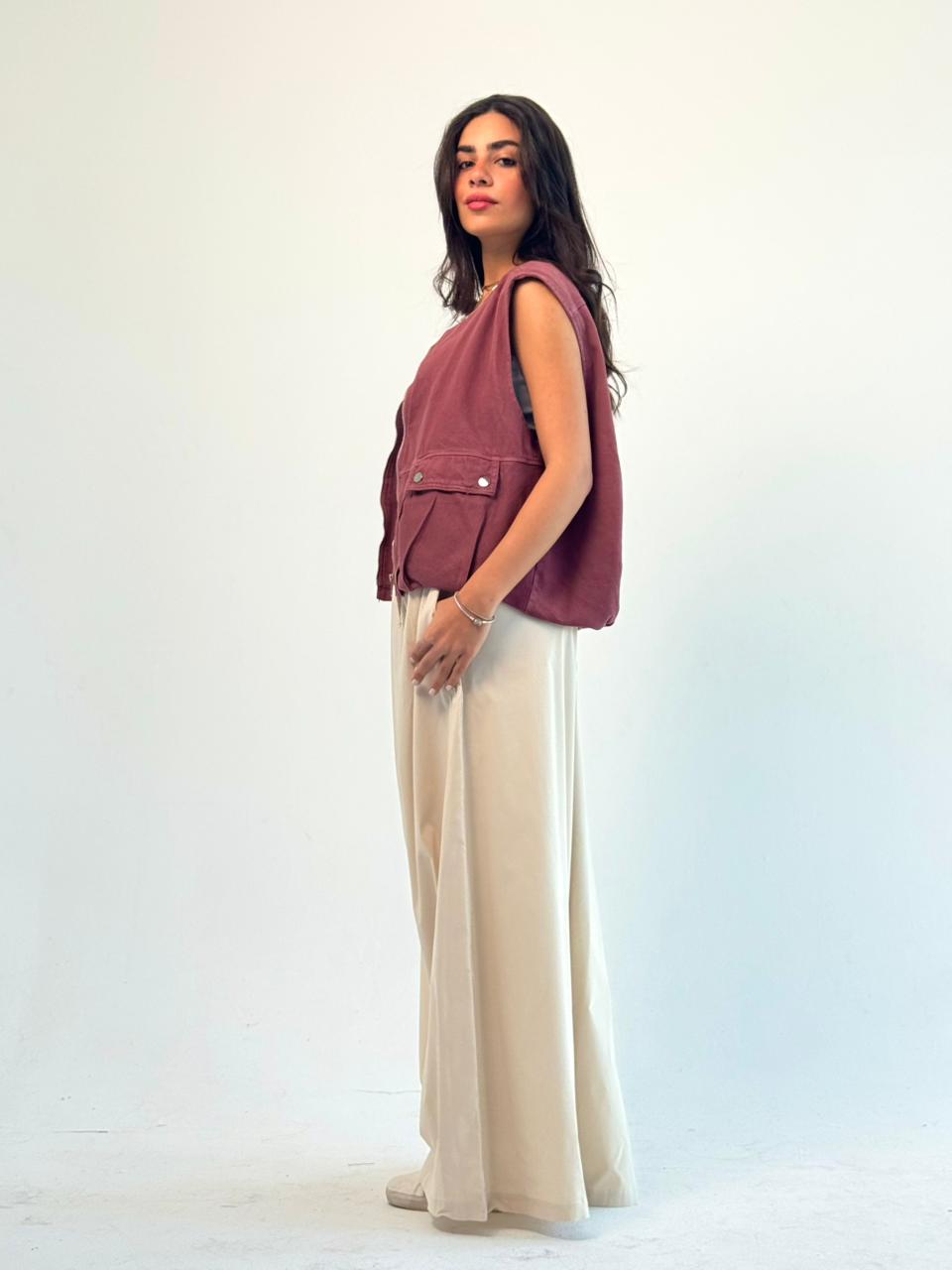 Oversized Cargo Zip Vest – Burgundy