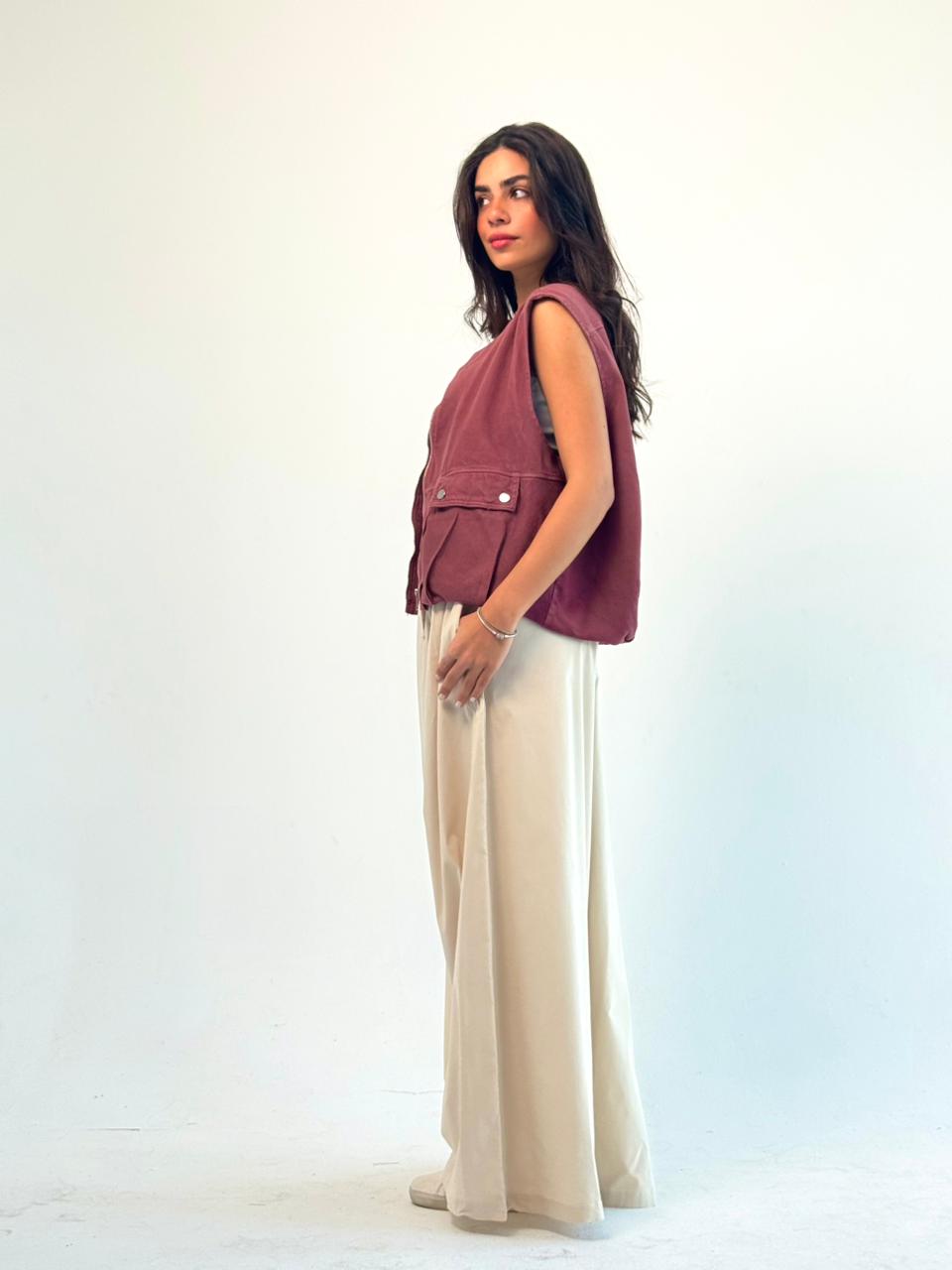 Oversized Cargo Zip Vest – Burgundy