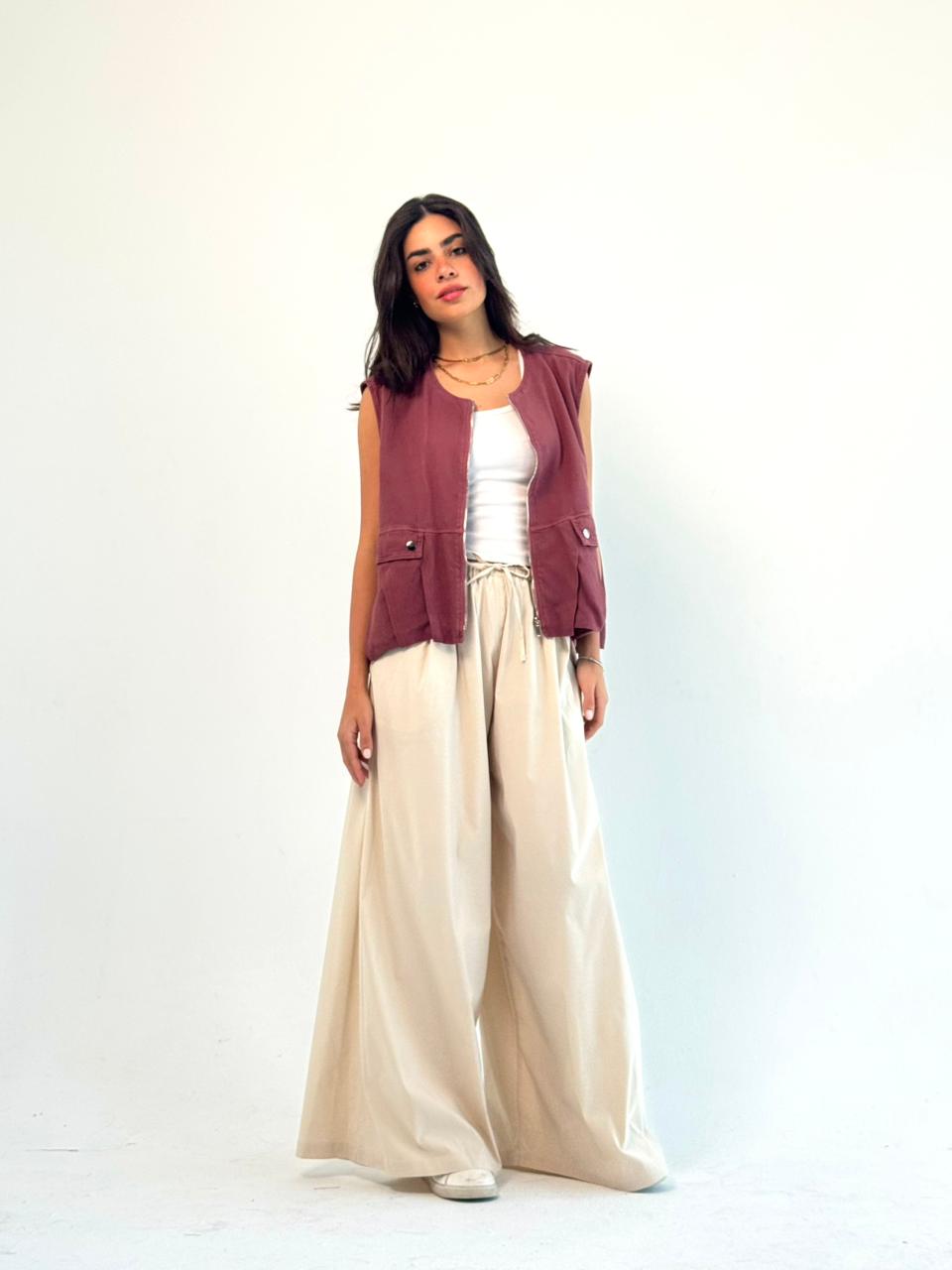Oversized Cargo Zip Vest – Burgundy