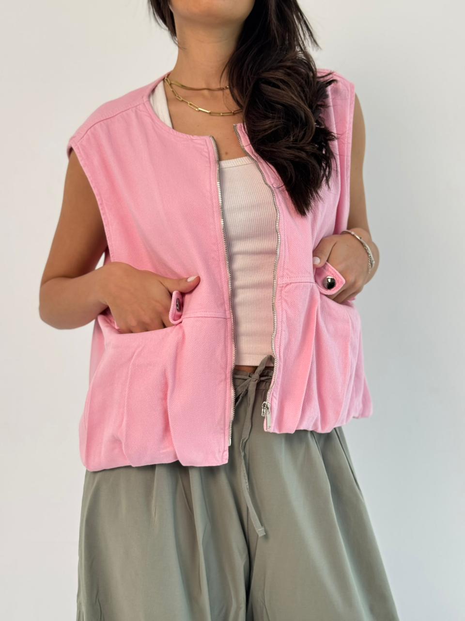 Oversized Cargo Zip Vest – Pink