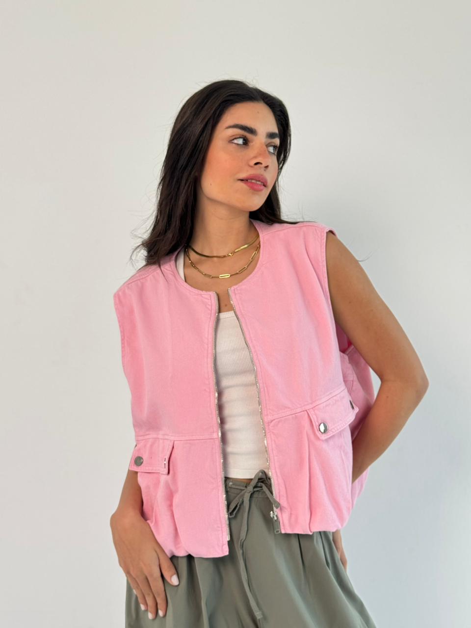 Oversized Cargo Zip Vest – Pink