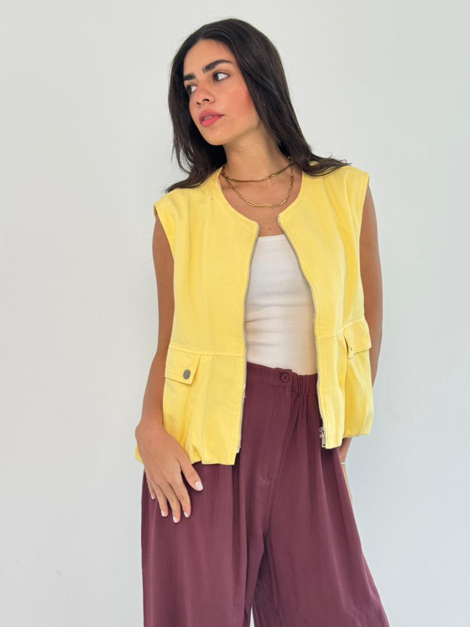 Oversized Cargo Zip Vest – Yellow