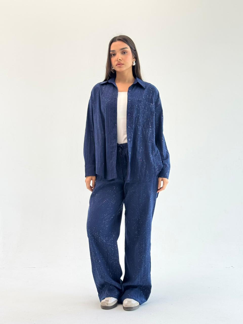 Galaxy Summer Set Embroidered Linen Set- Royal Blue
