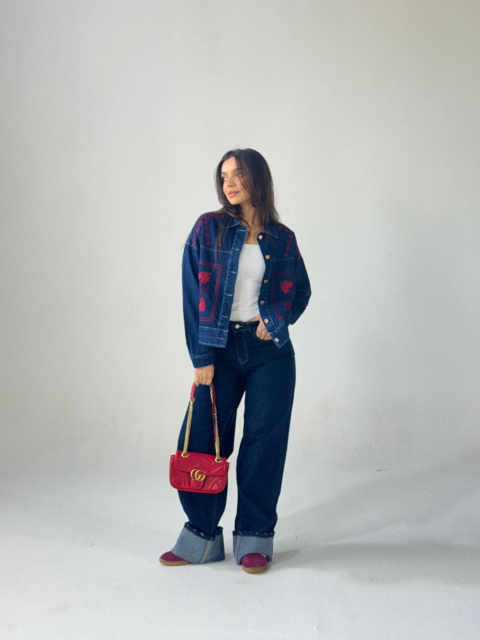 Statement Embroidered Summer Denim Jacket-Dark Blue X maroon