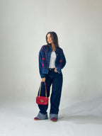 Statement Embroidered Summer Denim Jacket-Dark Blue X maroon