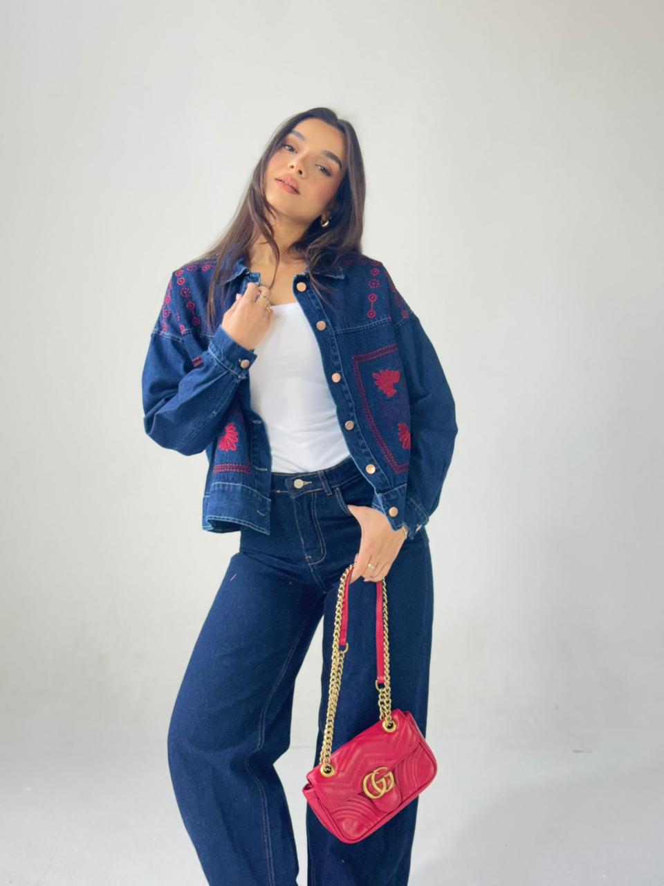 Statement Embroidered Summer Denim Jacket-Dark Blue X maroon