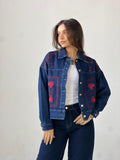 Statement Embroidered Summer Denim Jacket-Dark Blue X maroon