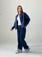 Statement Embroidered Summer Denim Jacket-Dark Blue X maroon