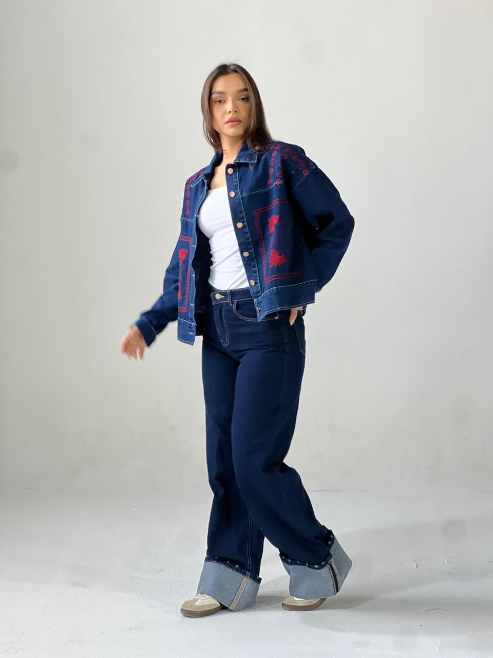 Statement Embroidered Summer Denim Jacket-Dark Blue X maroon