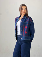 Statement Embroidered Summer Denim Jacket-Dark Blue X maroon