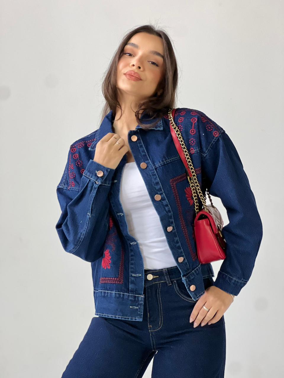 Statement Embroidered Summer Denim Jacket-Dark Blue X maroon