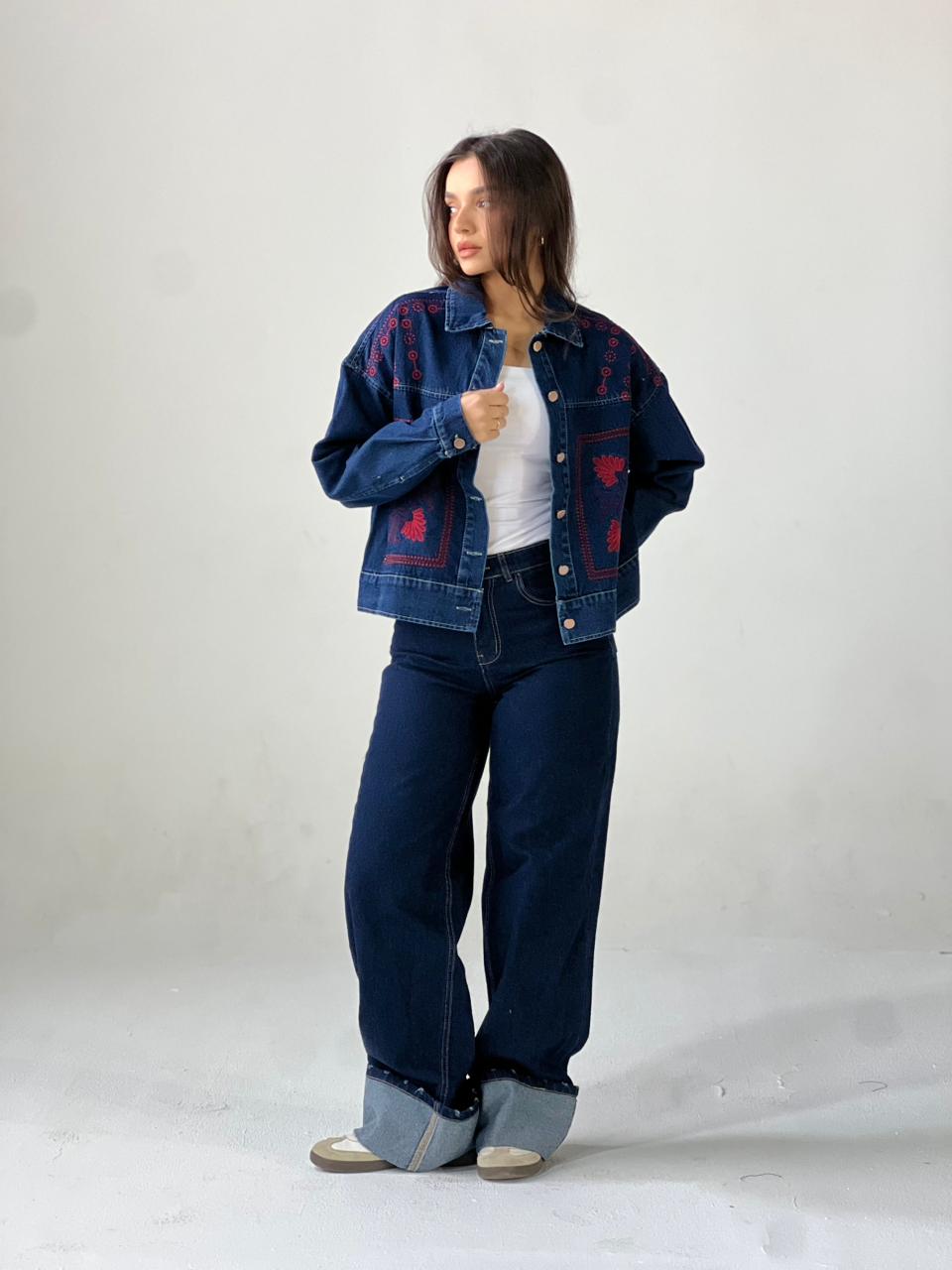 Statement Embroidered Summer Denim Jacket-Dark Blue X maroon