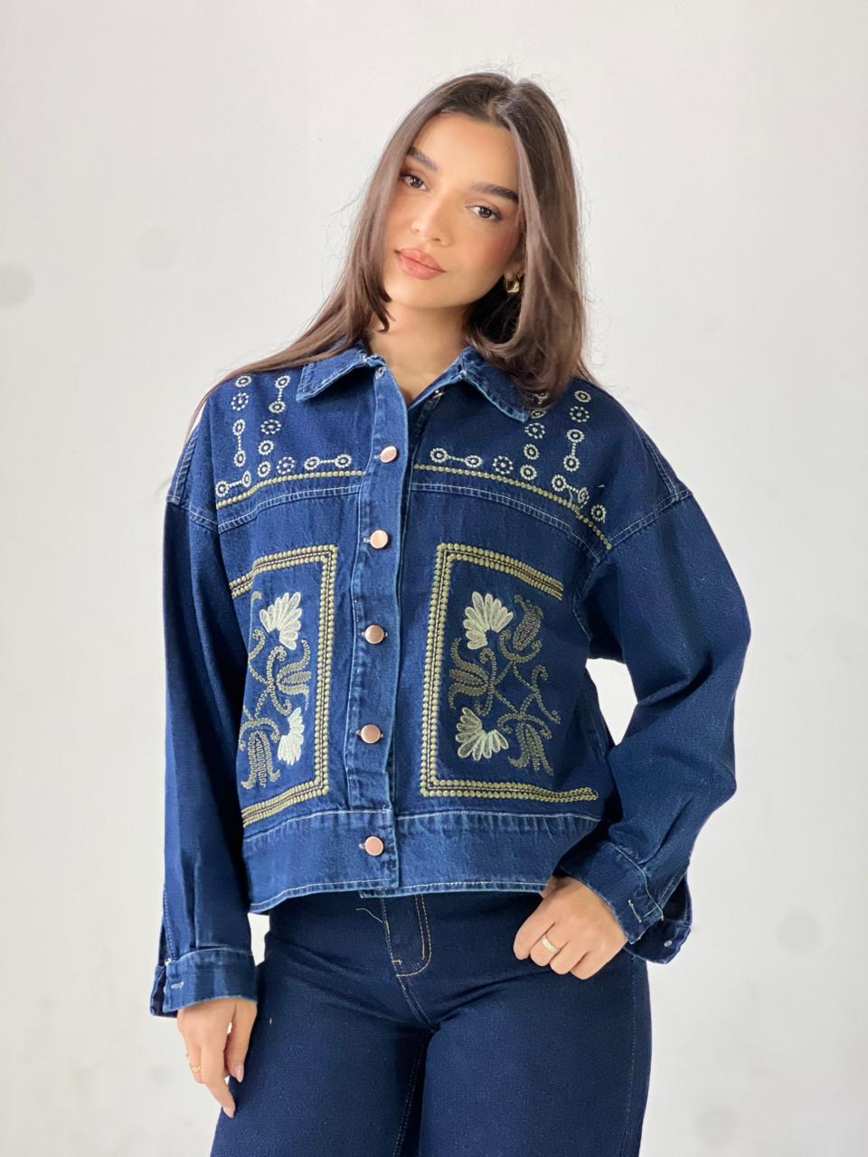 Statement Embroidered Summer Denim Jacket-Dark blue X Mint