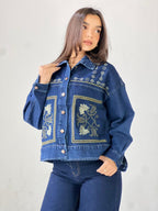 Statement Embroidered Summer Denim Jacket-Dark blue X Mint