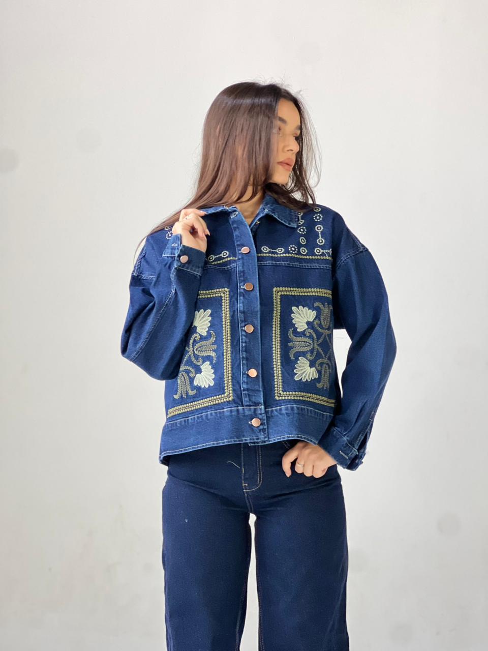 Statement Embroidered Summer Denim Jacket-Dark blue X Mint
