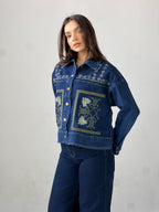 Statement Embroidered Summer Denim Jacket-Dark blue X Mint