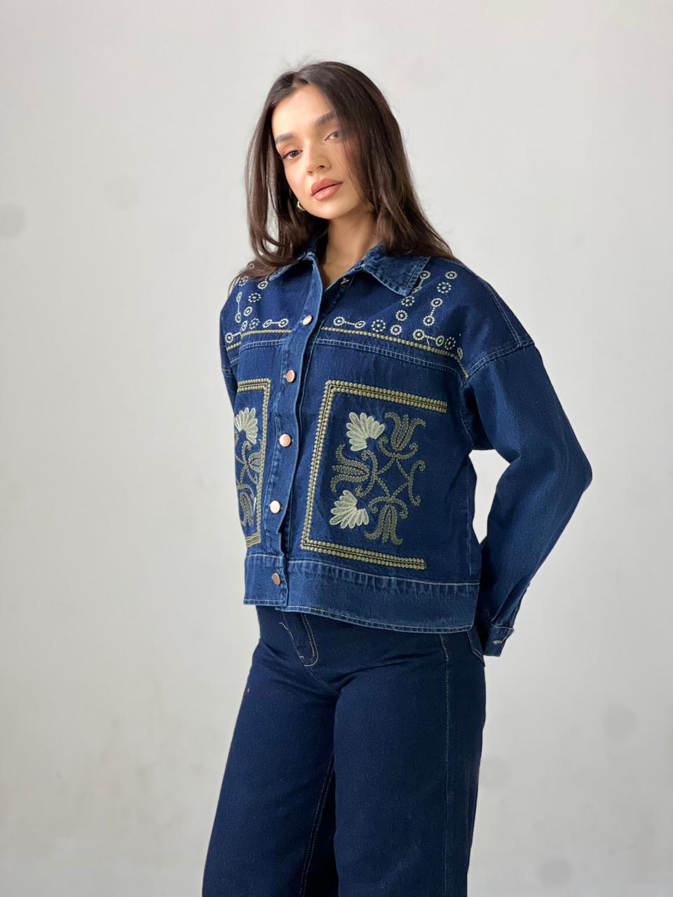 Statement Embroidered Summer Denim Jacket-Dark blue X Mint