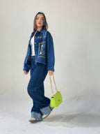 Statement Embroidered Summer Denim Jacket-Dark blue X Mint
