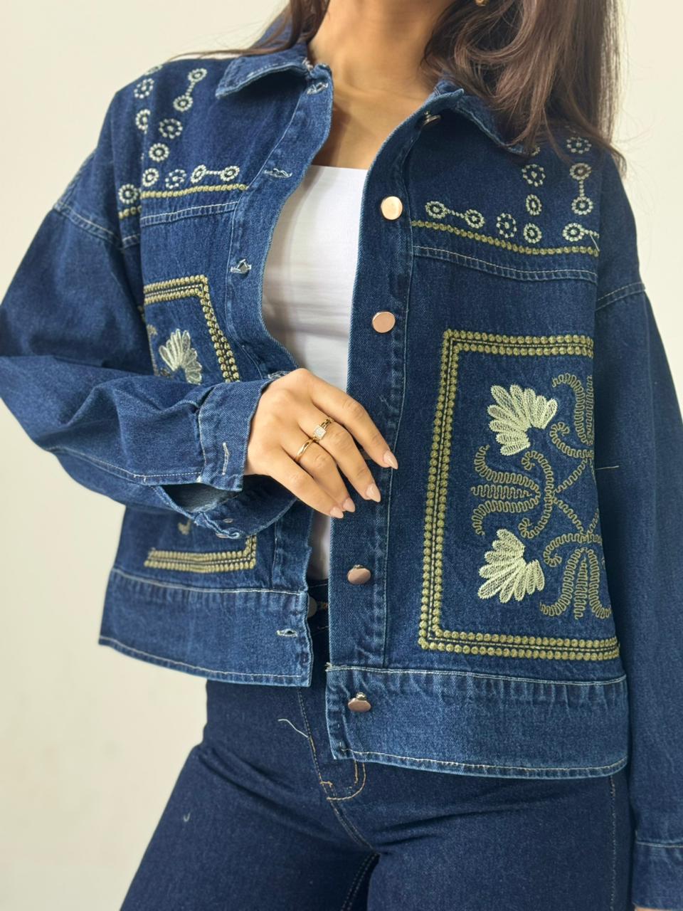 Statement Embroidered Summer Denim Jacket-Dark blue X Mint