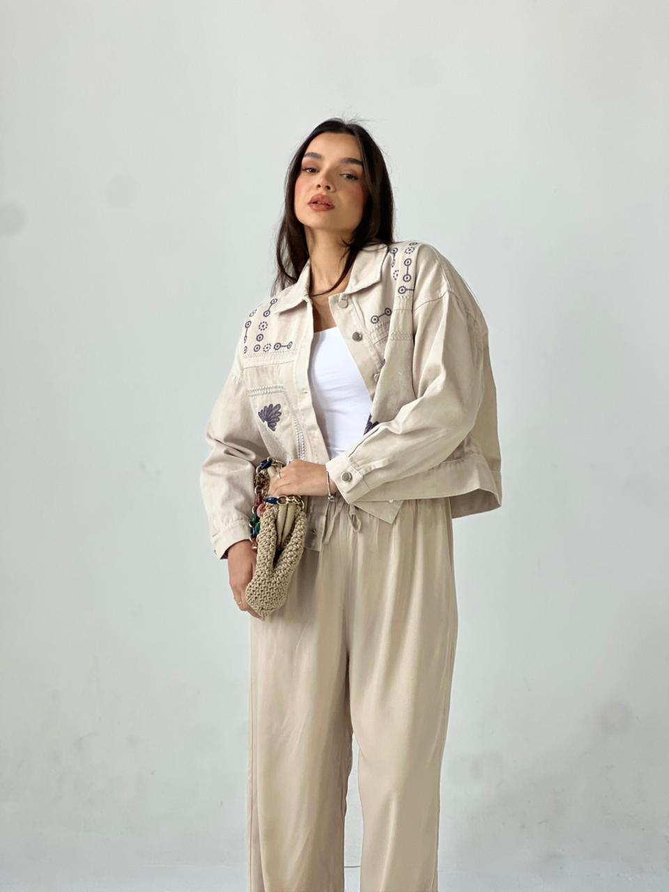 Statement Embroidered Summer Gbrdine Jacket-Beige X Blue