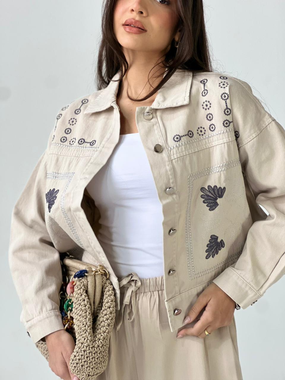 Statement Embroidered Summer Gbrdine Jacket-Beige X Blue