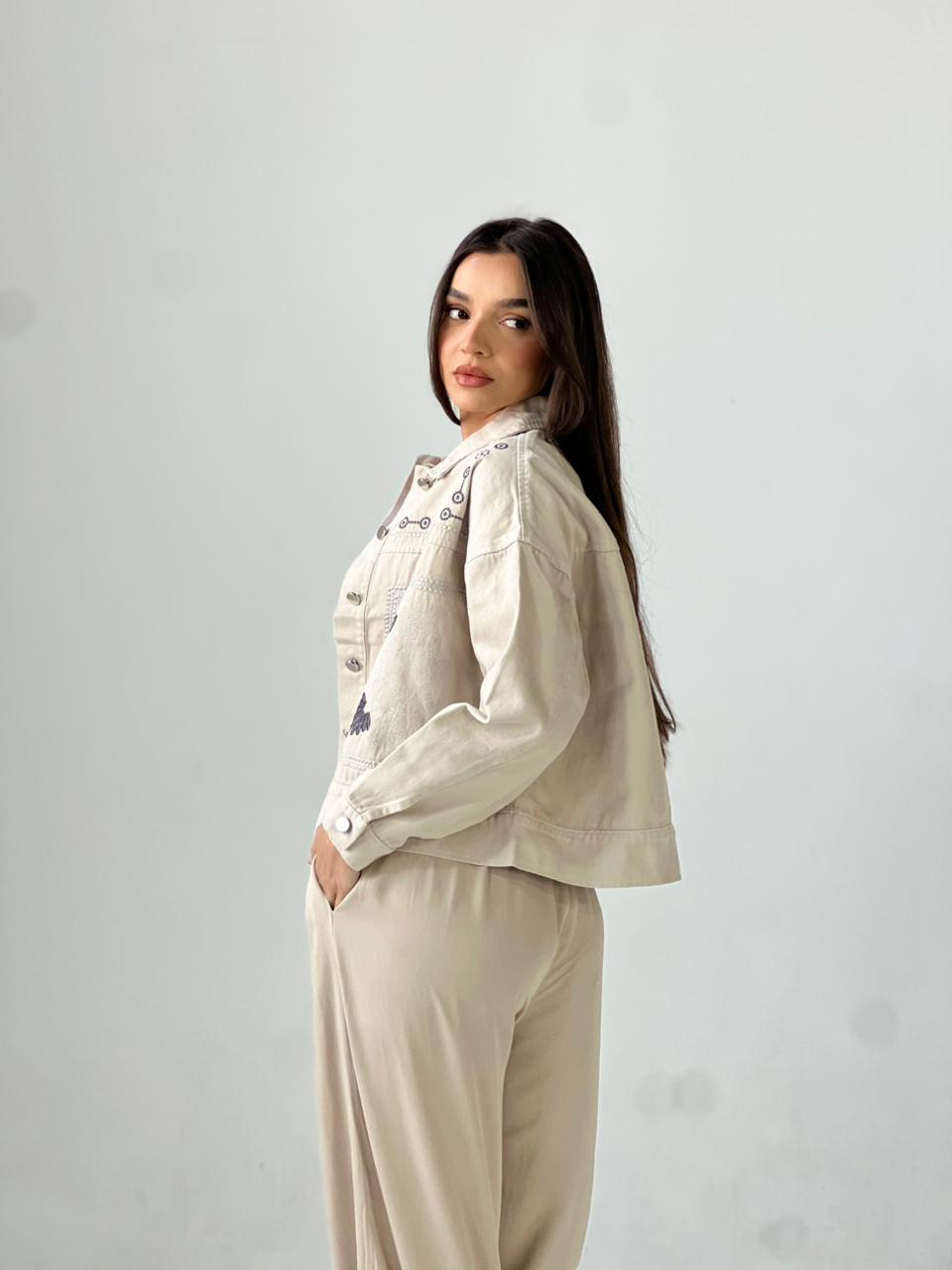 Statement Embroidered Summer Gbrdine Jacket-Beige X Blue