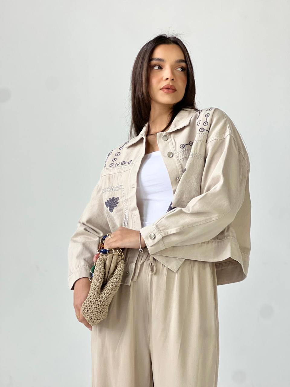Statement Embroidered Summer Gbrdine Jacket-Beige X Blue