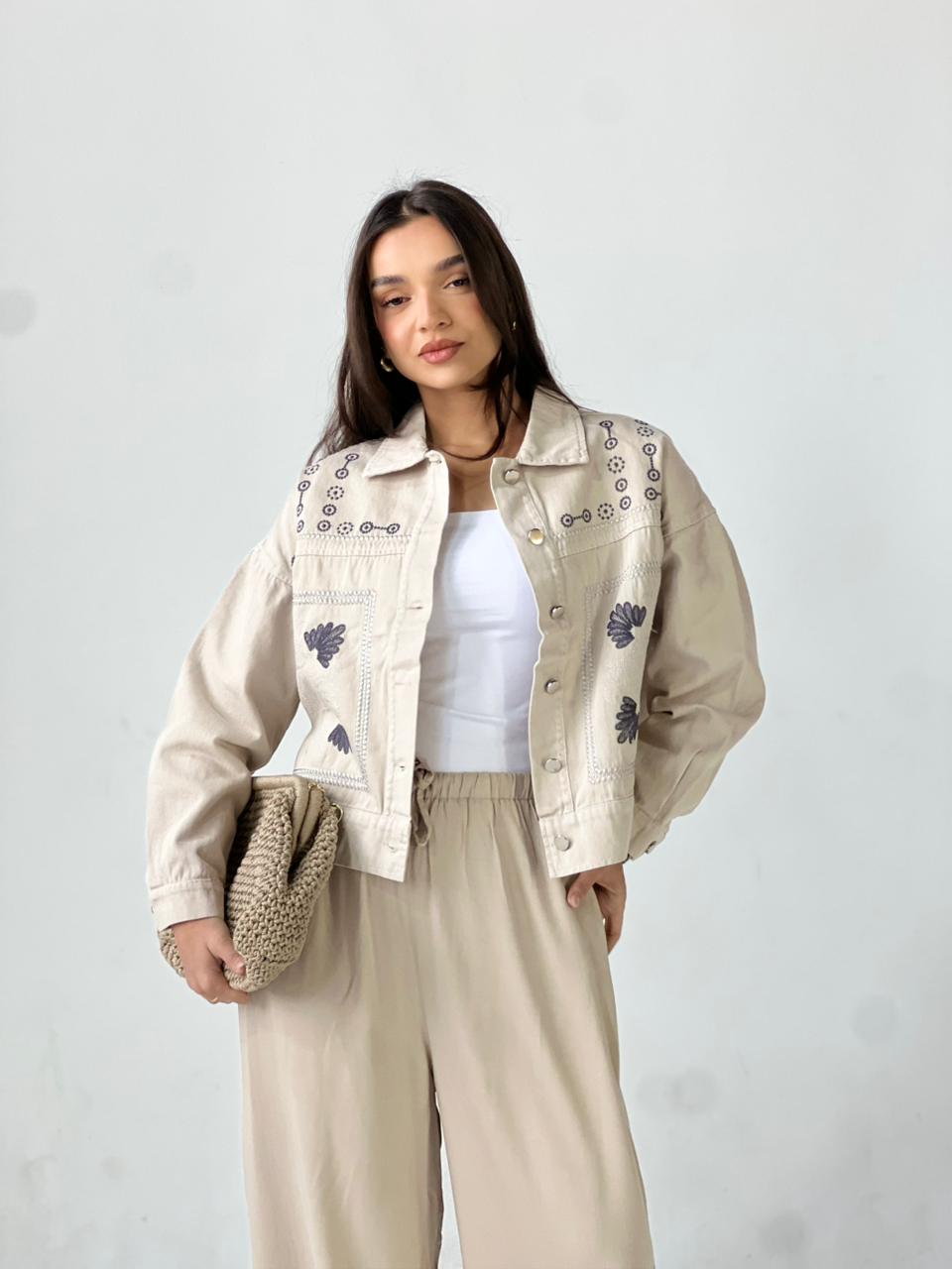 Statement Embroidered Summer Gbrdine Jacket-Beige X Blue
