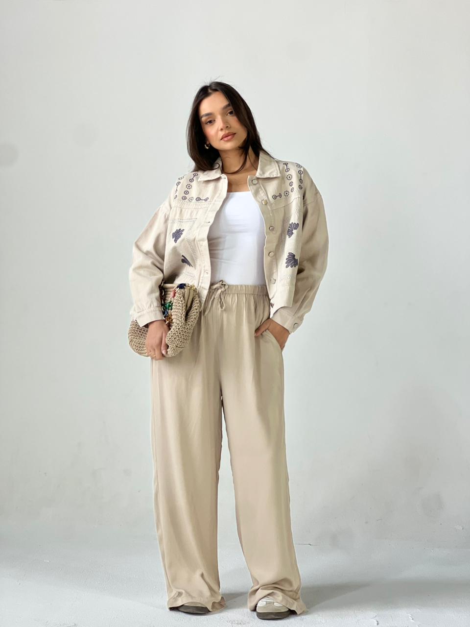 Statement Embroidered Summer Gbrdine Jacket-Beige X Blue