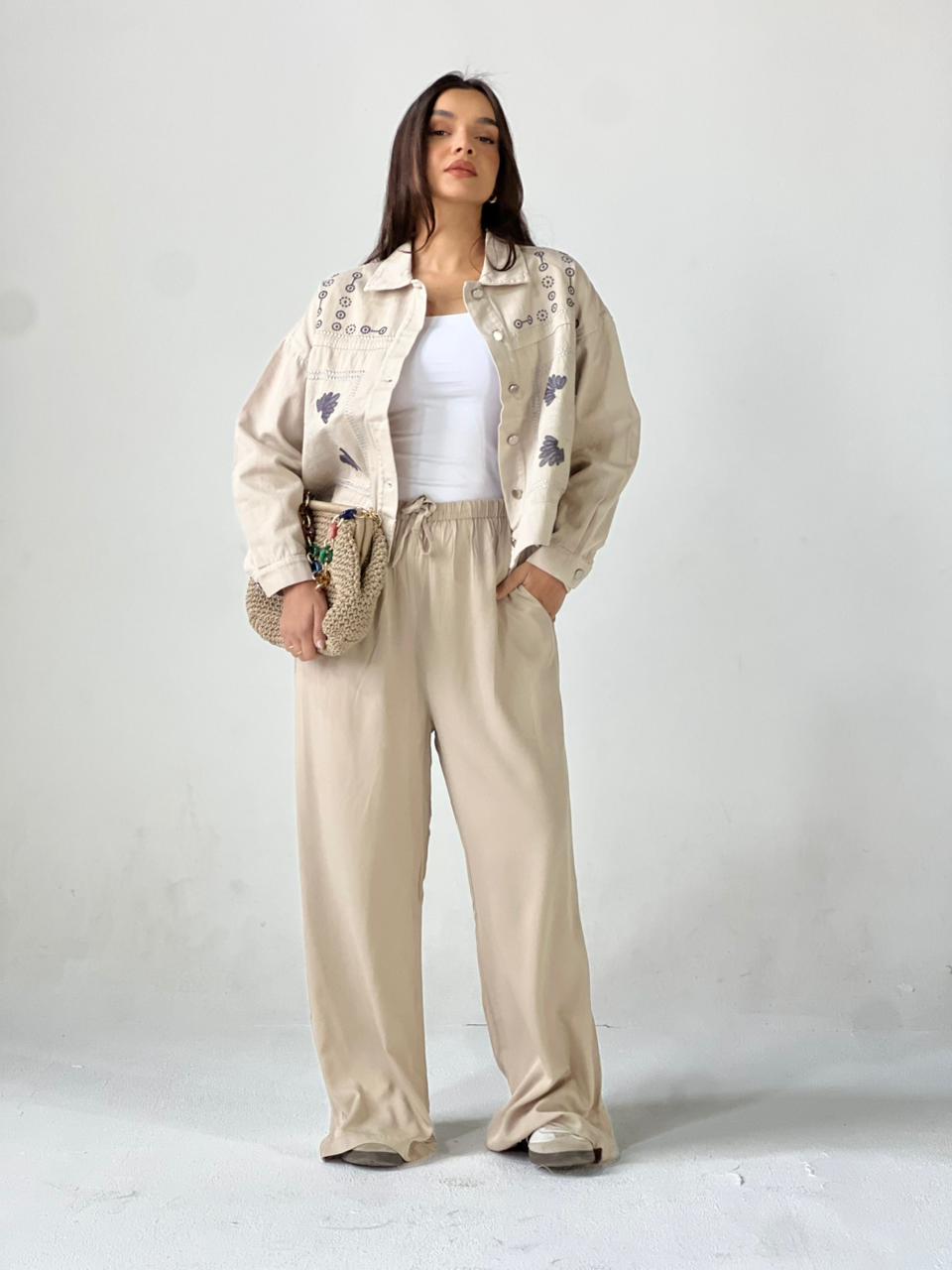 Statement Embroidered Summer Gbrdine Jacket-Beige X Blue