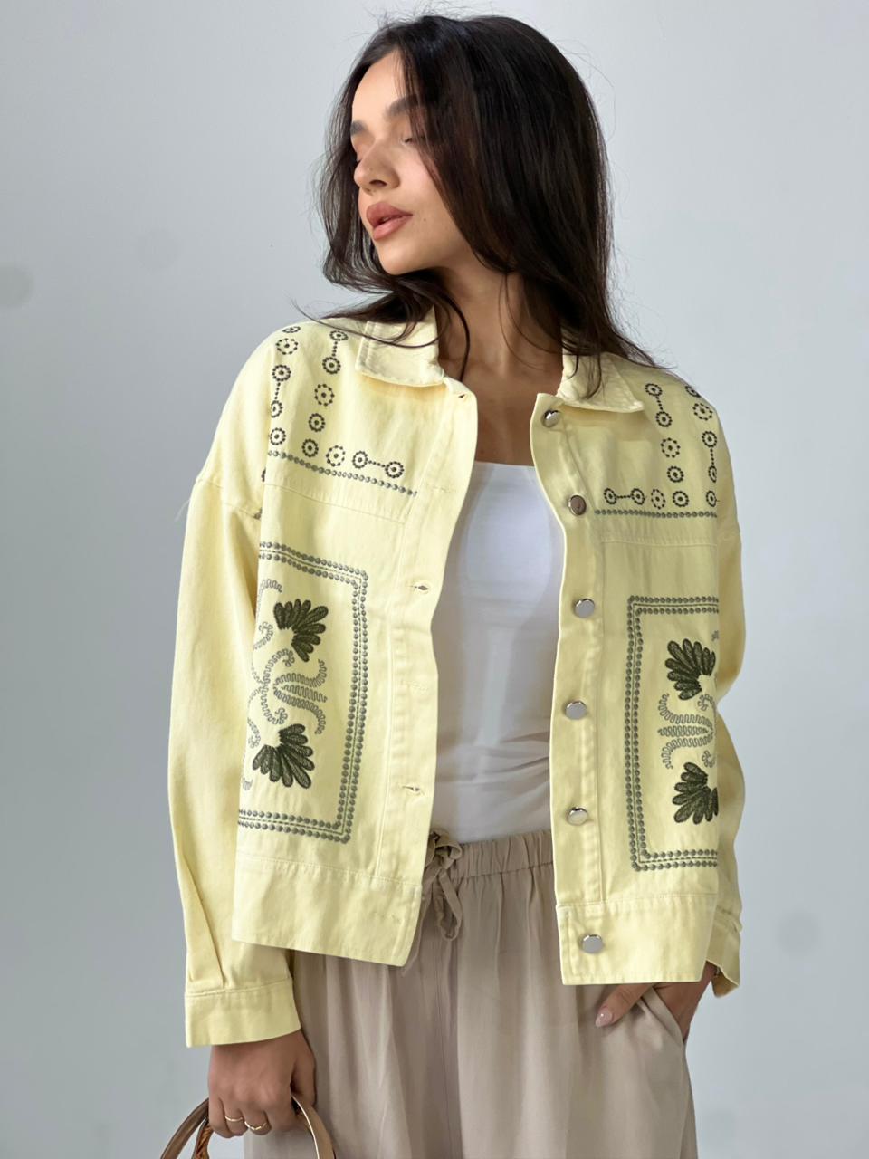 Statement Embroidered Summer Gbrdine Jacket-Yellow X mint