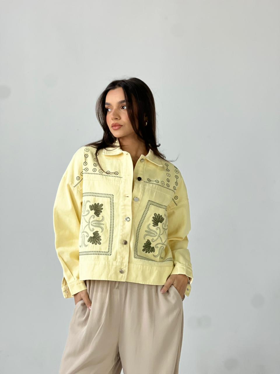 Statement Embroidered Summer Gbrdine Jacket-Yellow X mint