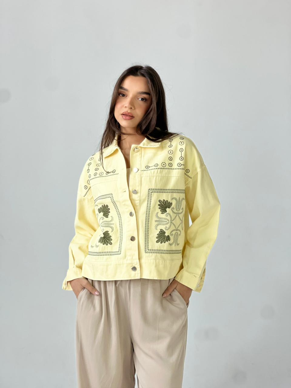 Statement Embroidered Summer Gbrdine Jacket-Yellow X mint