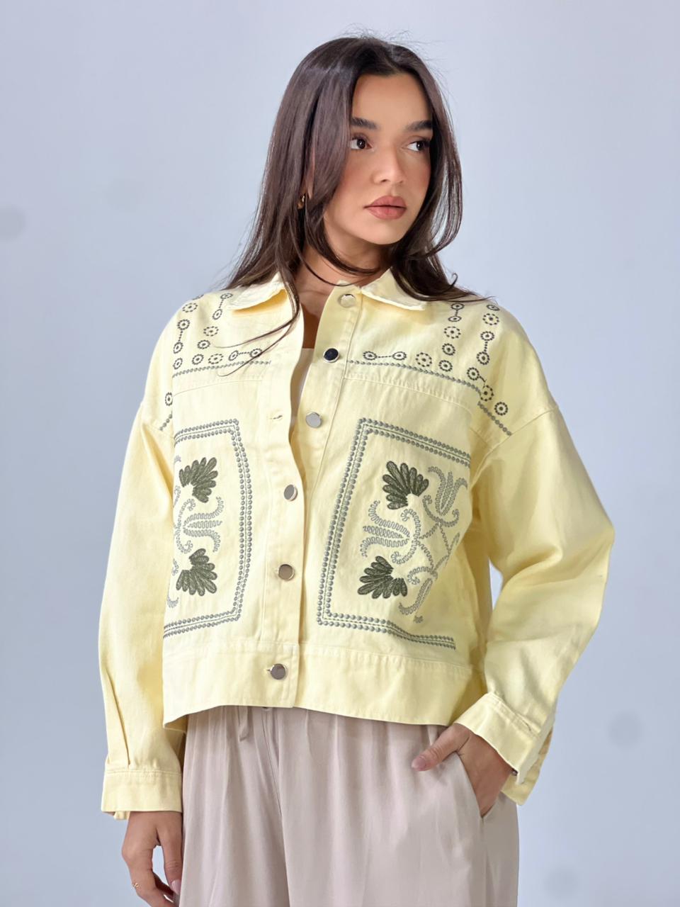Statement Embroidered Summer Gbrdine Jacket-Yellow X mint