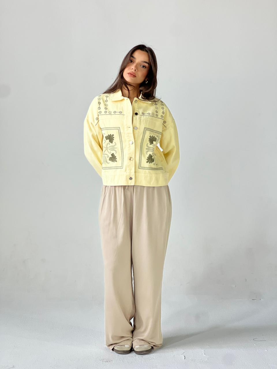 Statement Embroidered Summer Gbrdine Jacket-Yellow X mint