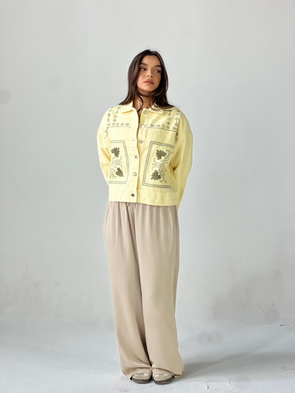 Statement Embroidered Summer Gbrdine Jacket-Yellow X mint