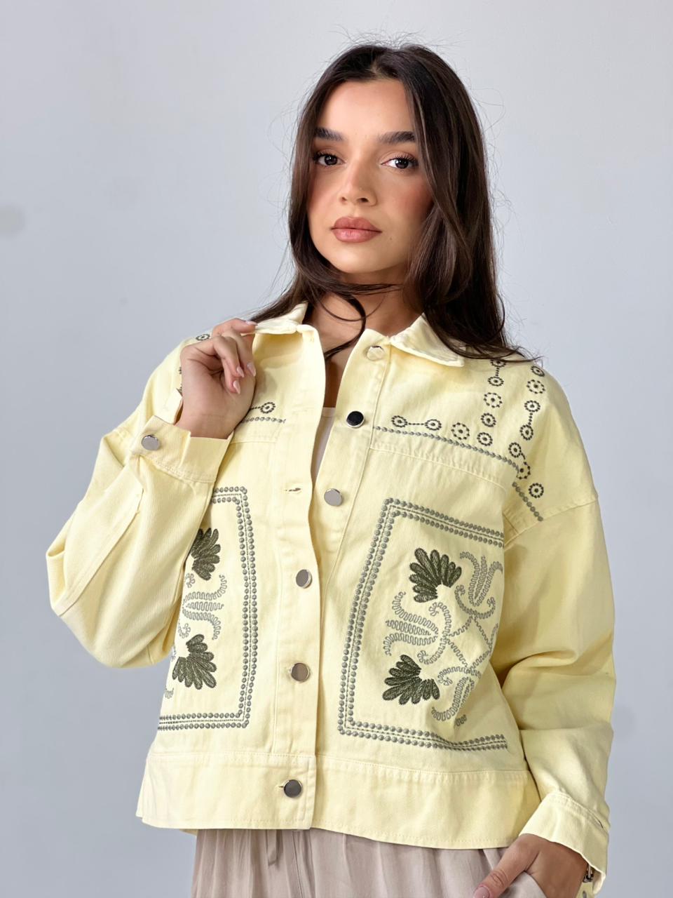 Statement Embroidered Summer Gbrdine Jacket-Yellow X mint